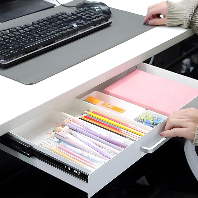 Under Desk Drawer White 21" with 4 Divider Trays, Under Shelf Pencil Drawer Pull-out, Standing Desk Metal Storage Attachment Slide Out for Workbench