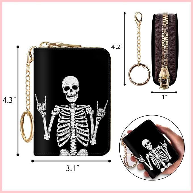 Blusabaca RFID Credit Card Holder Wallets for Women, Small Card Case Wallet with Keychain and Zipper, Skull Skeleton Rock Funny Leather Card Holder Pocket Business Accordion Wallet