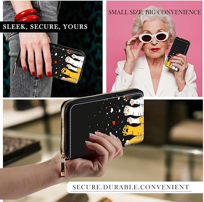 RFID-Blocking Zip Around Wallets for Women with Detachable Wrist Strap,Large Capacity Phone Holder with Card Organizer & Coin Pocket,Cute Cat Paw Heart