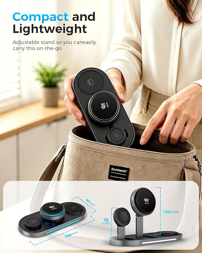 25W Foldable 3 in 1 Charging Station for Apple,Magsafe Charger Qi2.2 Certified Magnetic Wireless Charger Station for iPhone 17 16 15 14 Pro Max,Apple Watch,Airpods,Black (Adapter Included)