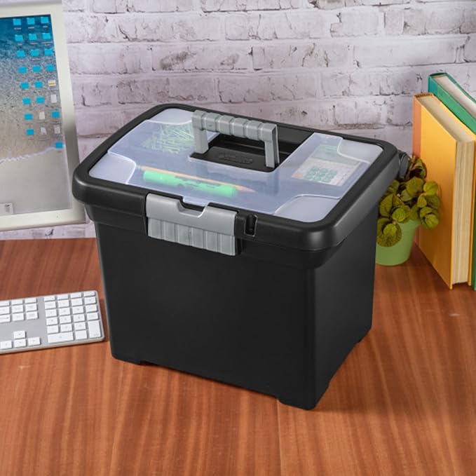 Sterilite 4-Pack Portable File Box, Stackable Container for Letter Hanging Folders, Black - Paper Document Plastic Storage Organizer with Latching Lid for Home, Office, and Dorm Organization
