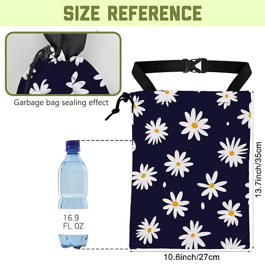 Car Garbage Bag Navy Blue Daisy Floral Hanging Canvas Car Trash Bag Waterproof Drawstring Car Back Seat Organizer for Car Back Front Seat Console with Adjustable Buckle