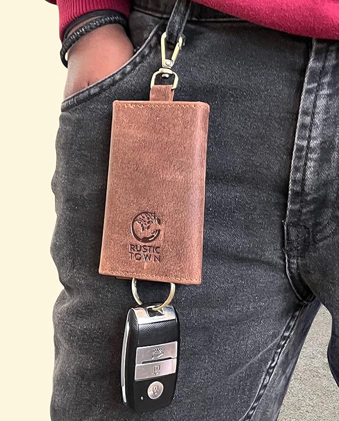 RUSTIC TOWN Leather Key Holder - Smart Fob Car Key Loop Wallet Slim Keychain Pouch - Practical Key Organizer for Men & Women