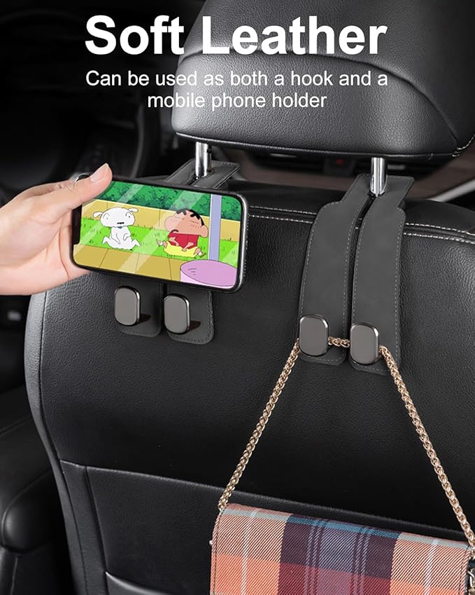 2 Pcs Car Hooks for Headrest, Adjustable Vehicle Seat Back Car Organizers and Storage Accessories, Universal Fit Double Metal Leather Purse Holder for Car (Grey)