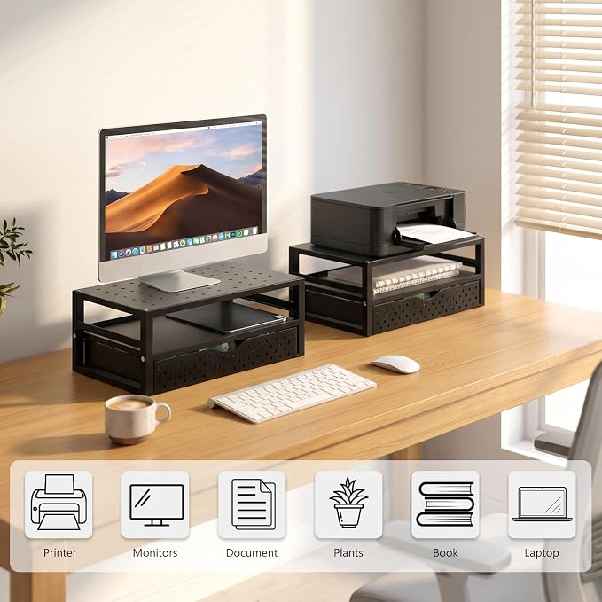 WALI Monitor Stand Riser with Drawer, Desk Organizers and Accessories for Computer, Printer, Laptop Stand for Home Office Supplies, (PTT005-B), 1 Pack, Black