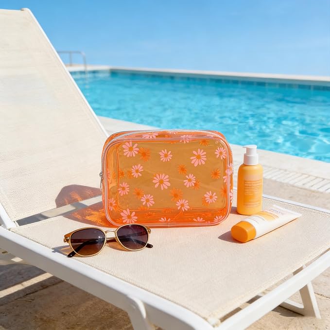 Neon TSA Approved Clear Toiletry Pouch, 7"x2.3"x4.7" Size, PVC Travel Makeup Bags for Toiletries, Transparent Cosmetic Bag for Women and Men Small (Daisy~6PCS)