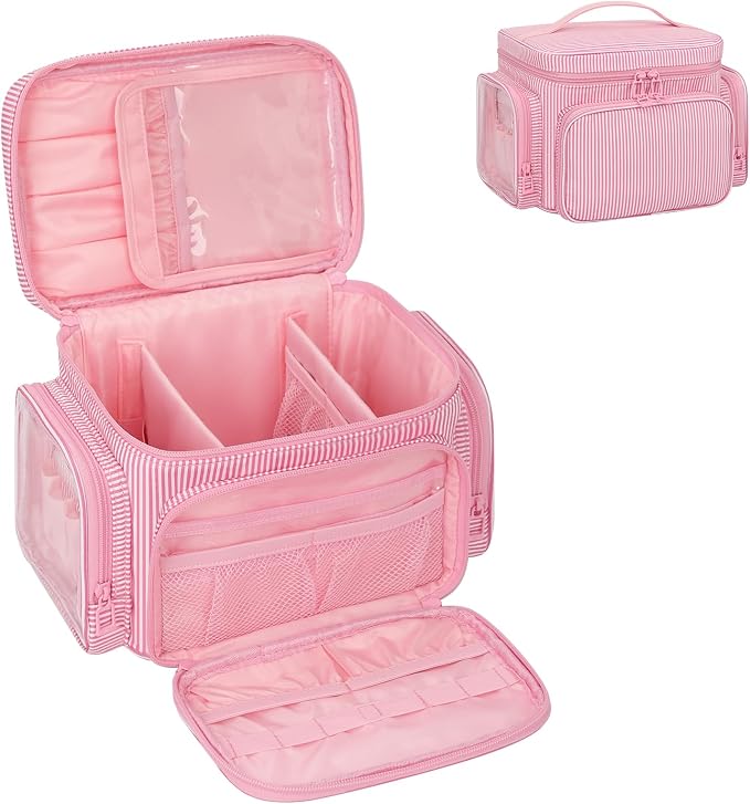 Large Makeup Bag, Portable Travel Makeup Bag Organizer for Women Girls with Makeup Brush Compartment & Two Side Pockets, Cosmetic Travel Bag Vertical Storage Toiletry Bag - Pink Stripe