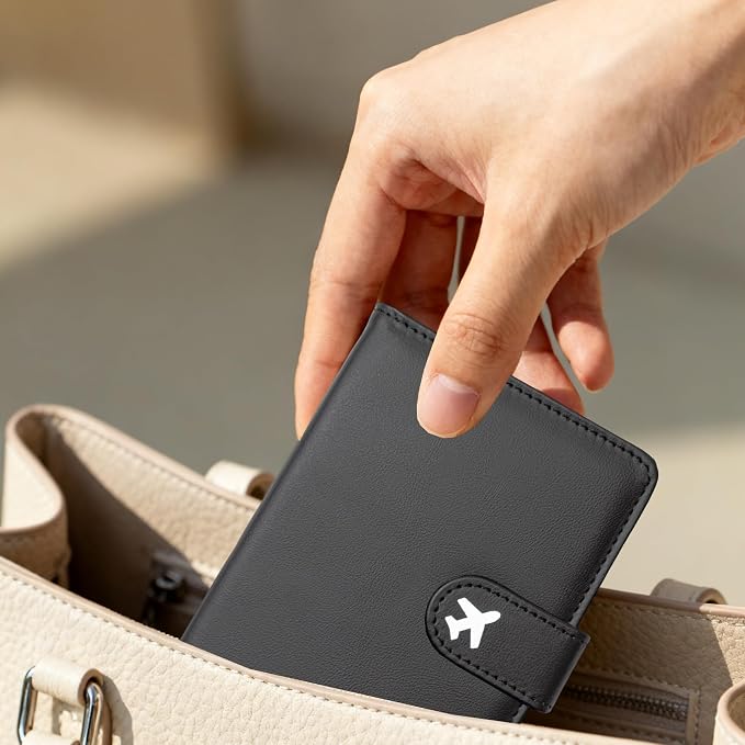Passport Holder, Travel Wallet Cover with Pen Loop | Cute RFID Blocking Leather Case with Magnetic Closure for Travel Essentials-Black