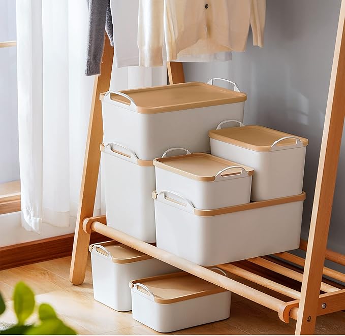 ANMINY 8PCS Plastic Storage Bins Containers with Lids, Large Storage Organization Bins Boxes, Lidded Plastic Storage Baskets for Closet Shelves Desktop, Wheat Lids, 1XL + 1L + 2M + 4S