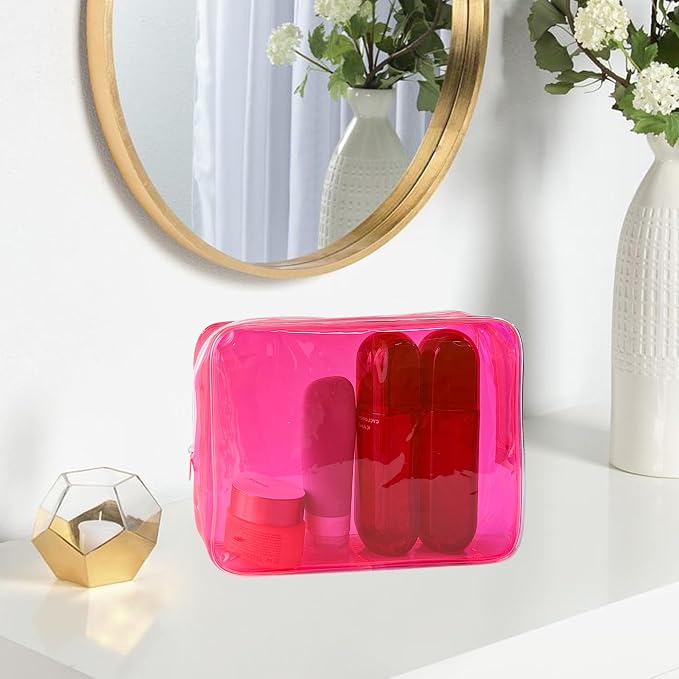 Waterproof PVC Makeup Bag - Leakproof Cosmetic Organizer for Travel Toiletry Storage 9.84×7.09×2.36 Inch for Women & Men (Pink)
