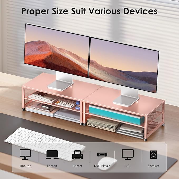 ECOLOVI 2-Tier Computer Monitor Stand Riser, Desk Organizer for Monitor, Printer & Laptop Stand, Desktop Workspace Organizers for Office Supplies(Rose Gold)
