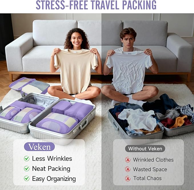 Veken 10 Set Packing Cubes for Travel Essential, Suitcase Organizer Bags in 4 Sizes, Carry-On Luggage Accessories with Large Laundry & Hanging Toiletry Bag, Must-Have for Airplane, Road Trip & Camping