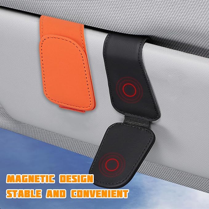 Sunglasses Holder for Car Visor, Microfiber Leather Magnetic Sun Visor Eyeglasses Hanger & Ticket Card Clip, Multi-Function Automotive Interior Glasses Mount, Universal Fit (Orange)