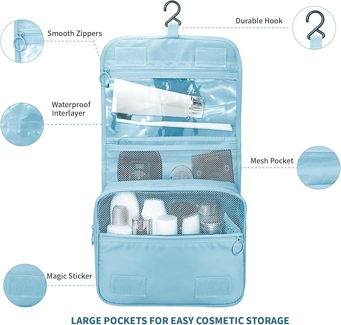 Large Capacity Toiletry Bag Travel Bag with Hanging Hook for Men and Women Waterproof Travel Cosmetic Bag Bathroom Storage Bag for Brushes Set, Full-Sized Shampoo,Accessories(Baby Blue)