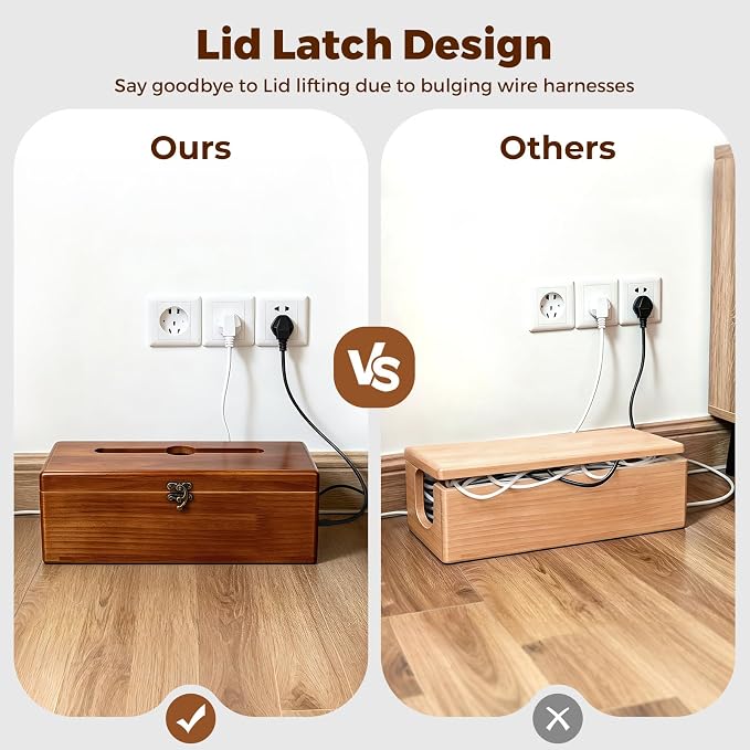 Cable Management Box with Latch, Soild Wood Cord Box with 4 Open Slots, Cable Box to Hide Cords and Power Strip