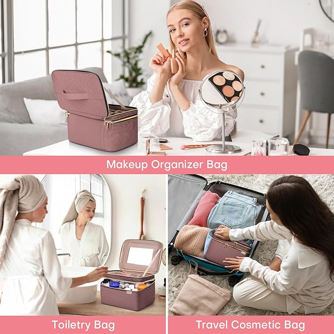 HXLGMD Large Makeup Bag with Mirror Double Layer Travel Make Up Organizer Case, Large Capacity Coemetic Bag with Brush Slot Divider