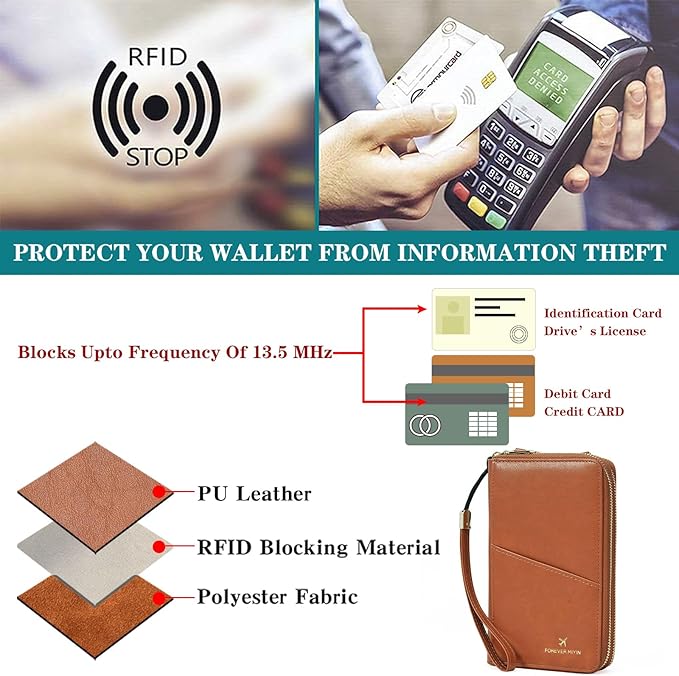 GOIACII Passport Wallet Travel Crossbody Bags for Women Wristlet Phone Purse Double Zip Vegan Leather Brown