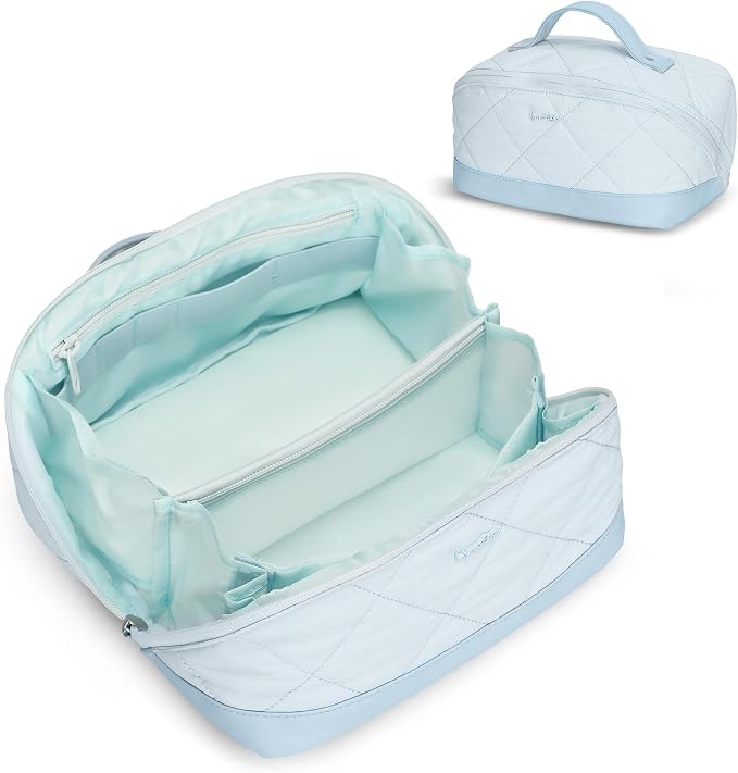 Hynes Eagle Travel Makeup Bag for Women Puffy Cosmetic Organizer Pouch Open Flat Toiletry Bag for Toiletries Brushes Structured Base Light Blue