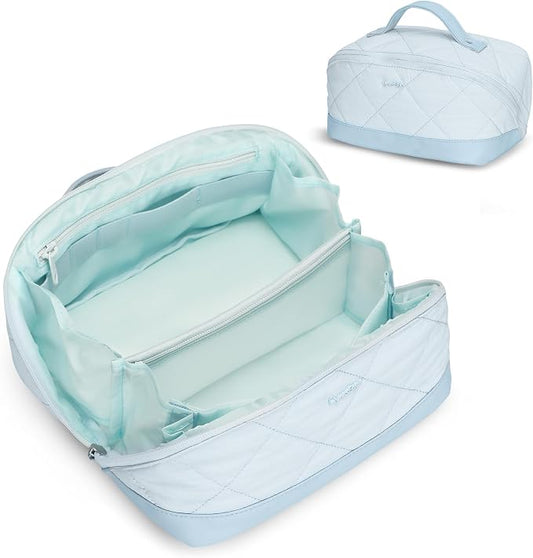 Hynes Eagle Travel Makeup Bag for Women Puffy Cosmetic Organizer Pouch Open Flat Toiletry Bag for Toiletries Brushes Structured Base Light Blue
