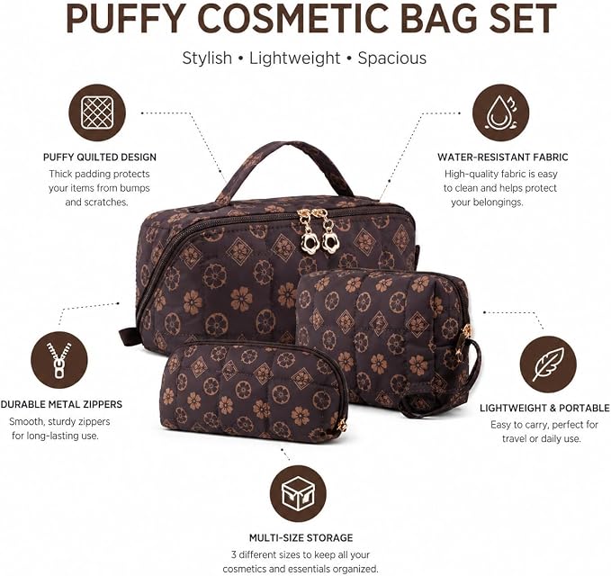 YTL Travel Makeup Bag, Puffer Cosmetic Bag for Women, Waterproof Puffy Padded Make Up Bags, Flat Open Portable Organizer Case Toiletry Bag Pouch Purse for Skincare, Brushes & Travel Essentials