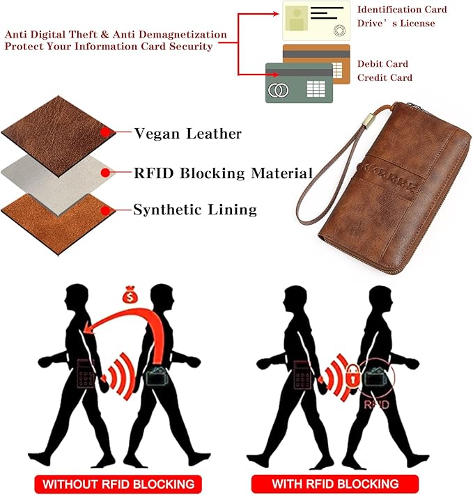 GOIACII Wallet for Women Ladies Wristlet Long Purse Zip Around Clutch RFID Blocking Vegan Leather
