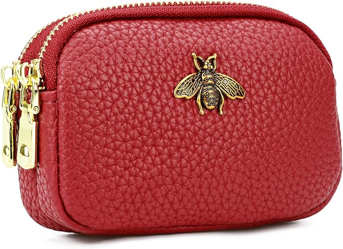 WOZEAH Leather Coin Purse for Women Small 2 Zipper Change Wallet with Key Ring Card Key Coin Cash Holder Pouch(Red)