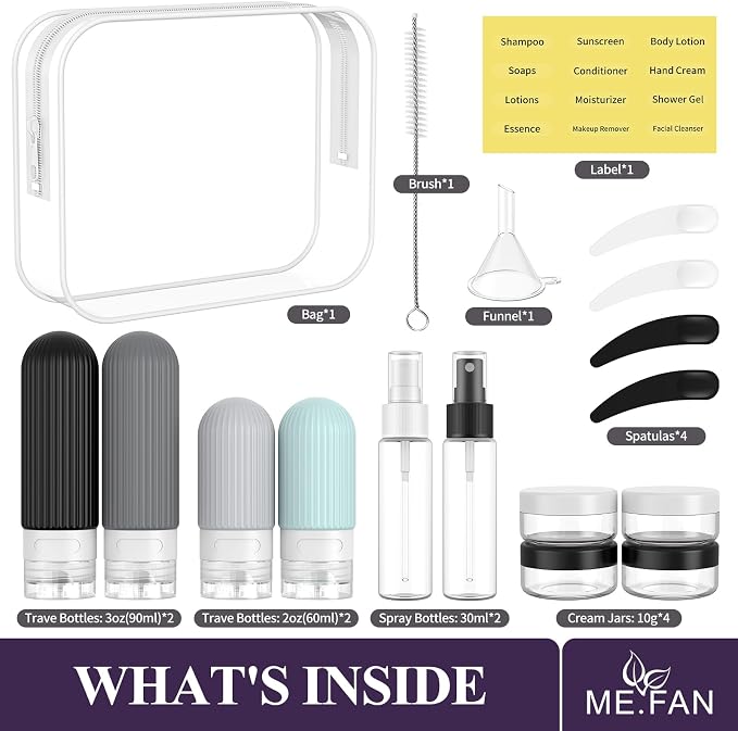 ME.FAN Travel Bottles for Toiletries,18 Pack Silicone Portable Size Bottle, TSA Approved Refillable Cosmetic Container Kits for Conditioner, Shampoo, Lotion,Face Cream - Grey