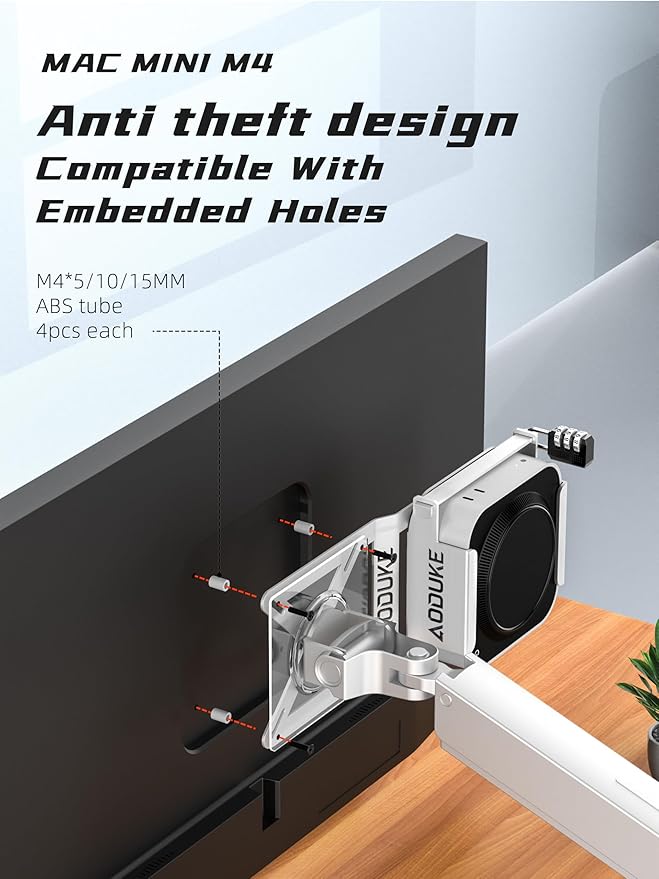 with Combination Security lock 2024 Mac Mini M4 VESA Computer Monitor Mount Bracket for Anti-theft Server Rack Extension Plate Adapter, Compatible 75X75/100X100MM Hole distance-AJM4GS-BWM