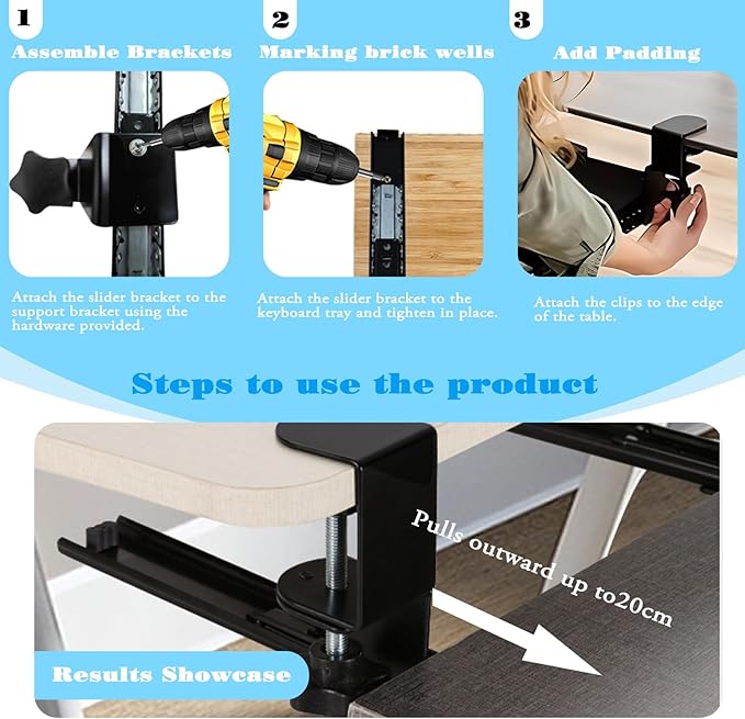 Sliding Keyboard Tray Under Desk Slide, 45°Swivel Keyboard Tray Keyboard Holder for Desk Pull Out Keyboard Drawer Under Desk Keyboard Tray Slide Out Clamp on Desk Shelf (Modern)