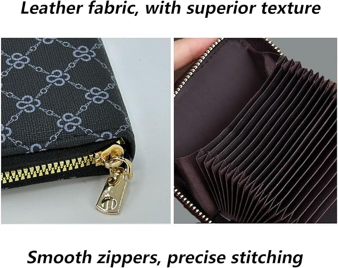 Ladies change card bag, zip storage bank card case, small portable 11 large capacity pouch, holds banknote change credit card(Black grid)