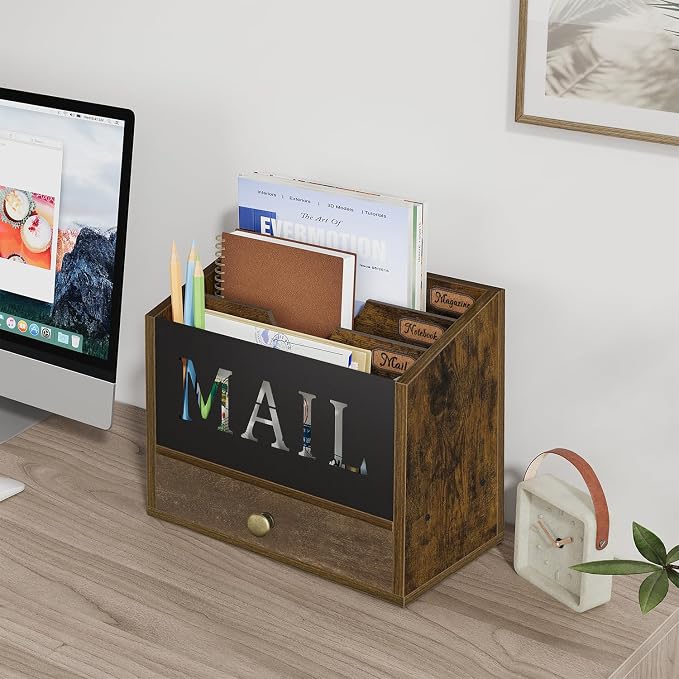 YINMIT Mail Organizer Countertop with 3 Compartments and Drawer, Mail Holder for Desk, Mail Sorter, Mail Organizer Wall Mounted, Countertop Desk Office Accessories Organizer for File Paper Folder