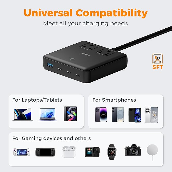 TESSAN Charging Station PD 100W for Multiple Devices, 6-in-1 USB C Charger Block Compatible with iPhone 17/16, MacBook, Charging Dock with 3 USB-C, 1 USB-A & 2 AC, Home Office Travel Accessories