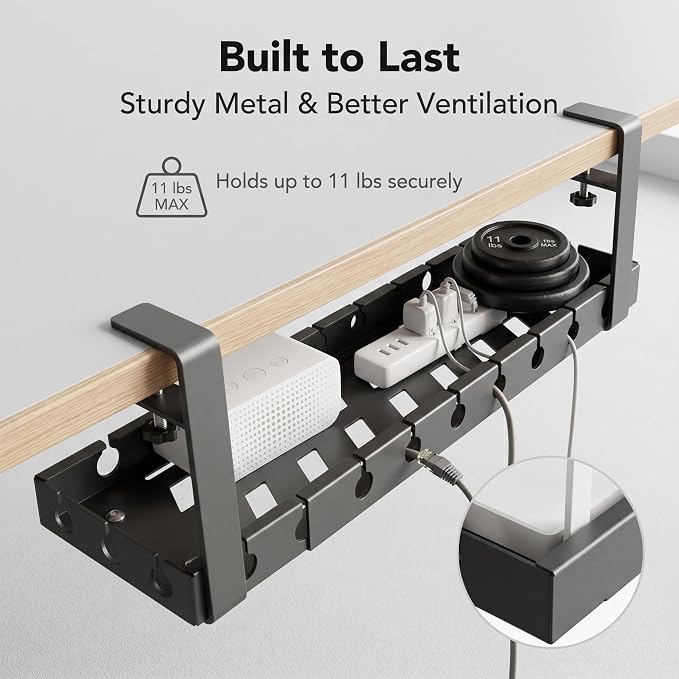 Under Desk Cable Management Tray, Adjustable 15.7"-29.1" Cable Management Tray, No-Drill Metal Cable Storage & Organizer for Home Office, Black