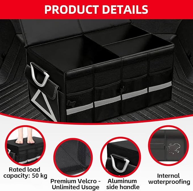 Trunk Organizer Wiith Lid For SUV, Truck, Car Trunk Organizer, Large, Black, 4-Compartments With Handle