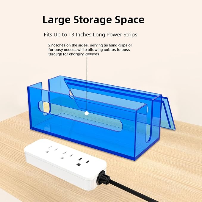 Cable Management Box Acrylic Cord Organizer Box Power Strip Storage Box to Hide Wires, Blue