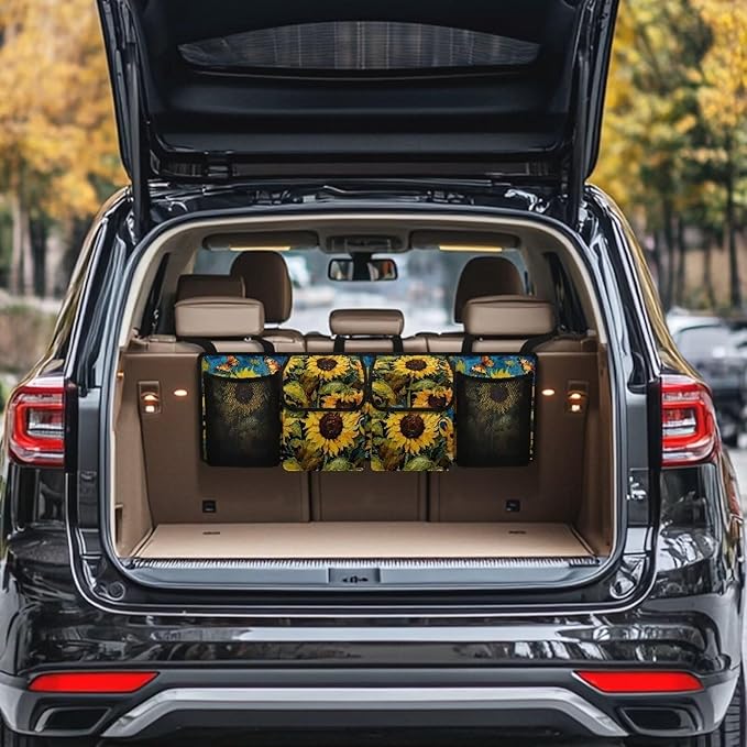 Sunflower Print Car Trunk Organizer Hanging Detachable Car Backseat Storage Bag Foldable Multipurpose Storage Bag for Automotive Trunk Storage and Decoration