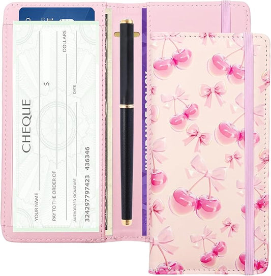Letter Checkbook Cover, RFID Blocking Checkbook, Stylish, Lightweight, Slim Durable, Multi-Functional Checkbook Holder for Personal and Business Checks (Cherry-Pink)