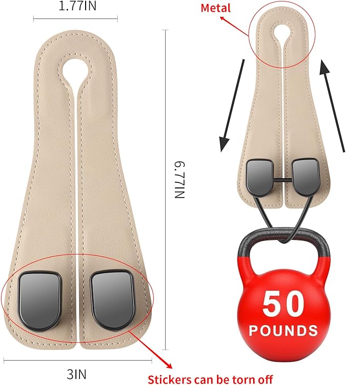 2 Pack KAFANLIN Car Headrest Hooks for Purses and Bags Cute Leather Car Seat Back Head Rest Double Hooks for Bags Cute Pink Beige Car Accessories Headrest Back Seat Handbags Hook (Beige 2 Pack)