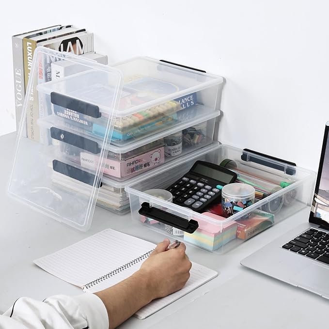 4 Pack A4 Plastic File Box, Clear Flat Stackable Box with Lids | Letter-size documents organizer container, easy viewing, latch clips.