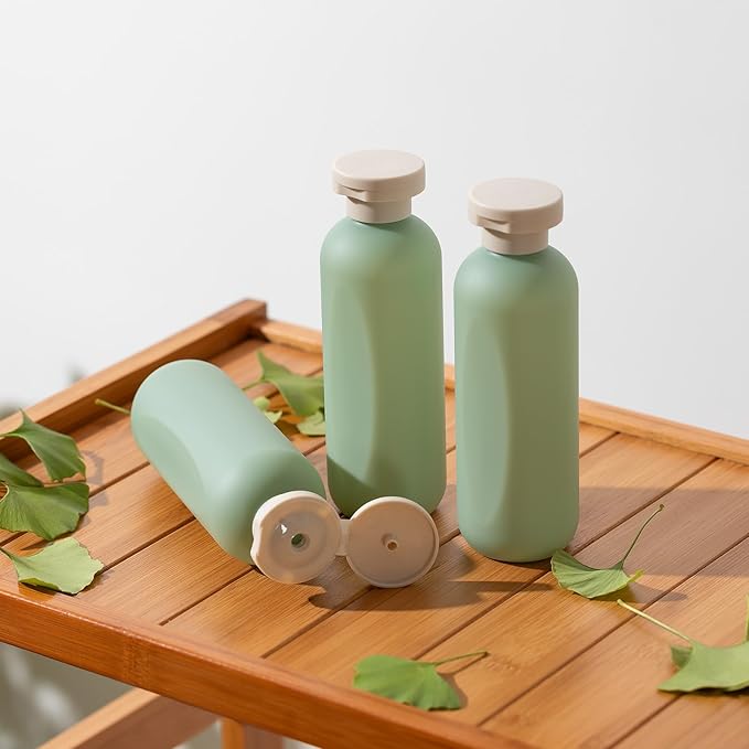 Empty Shampoo Bottles 6.7oz - Large Size Refillable Plastic Liquids Toiletry Containers - Empty Leak Proof Lotion Toiletries Dispenser - Green Flip Cap Top Body Wash and Cosmetic Set 4 Pack