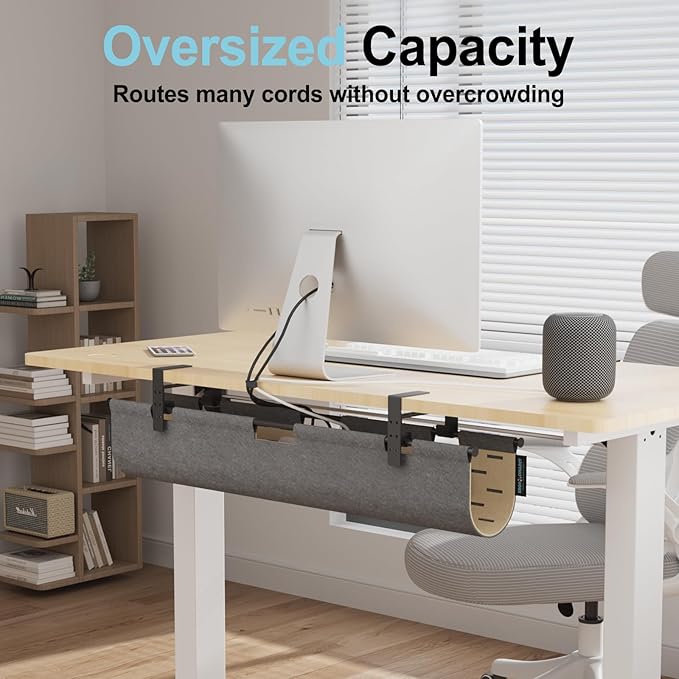 2-in-1 Under Desk Cable Management Tray & Privacy Panel, Dual-Sided Felt Cord Organizer to Hide Wires and Clutter, Desk Mount Cord Holder for Office and Home, Clamp or Screw Mount (Gray/Khaki, 45.2")