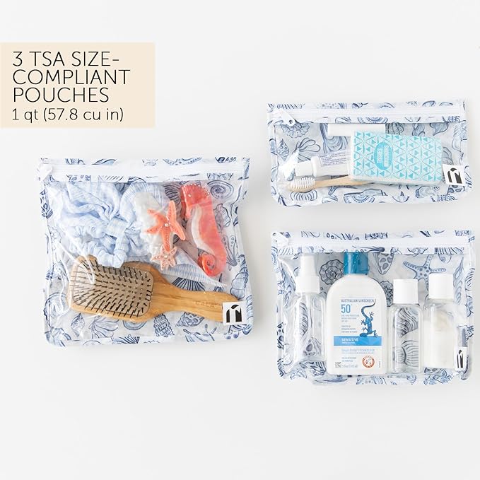 Bumkins Roamio Travel Bag, Toiletry, TSA Approved Pouch, Zip Quart Size Airline Compliant, Clear-Sided, Baby, Diaper Bag Organization, Makeup, Accessories, Carry On, Set of 3 Sizes, Blue Shells