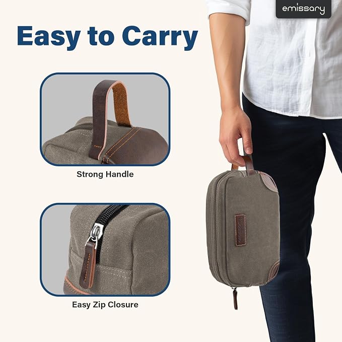 emissary Men's Canvas Travel Toiletry Bag, Leather Dopp Kit - Light Gray | Durable canvas & PU leather, water-resistant lining, side handle; roomy men's Dopp kit for travel & gym