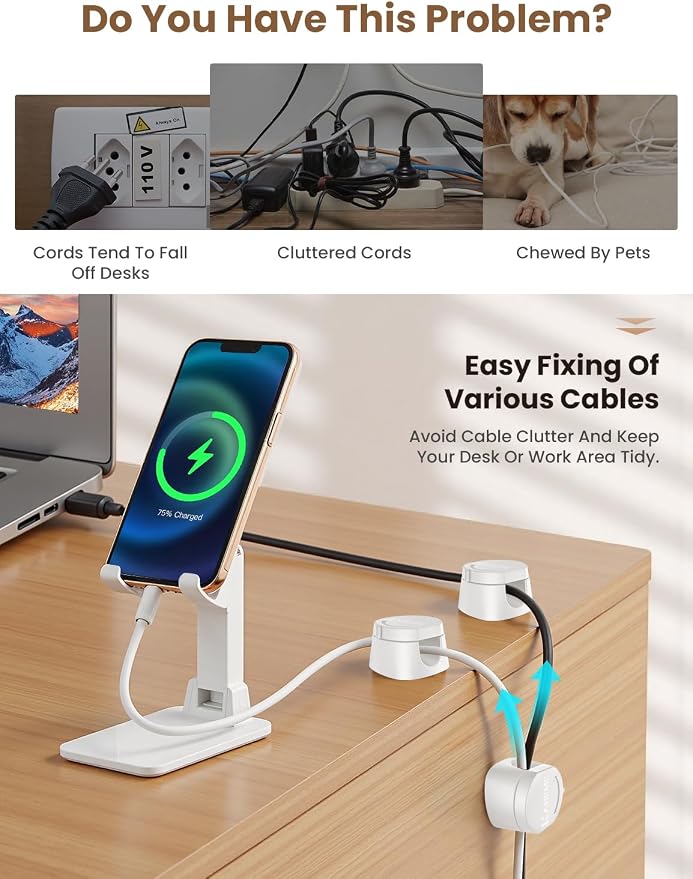 Kanemc Cable Clips Cord Holder for Desk, 360° Spin Magnetic Wire Organizer Self Adhesive Cord Management for Office Desks Cars Home Kitchen Electronic Accessory (White, 9 PCS)