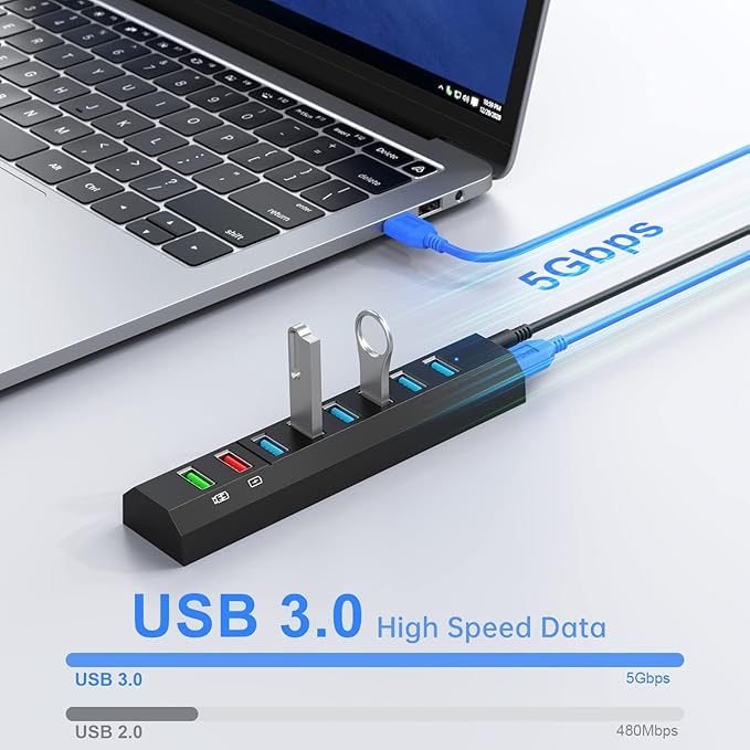 Powered USB Hub, Aiibe 8-Port USB Hub 3.0 Powered USB Splitter with 2 Fast Charging Ports + 12V/3A Power Adapter + USB 3.0 Cable, USB Hub Powered 36W Adapter for Laptop, Mac, PC, Mobile HDD (Black)