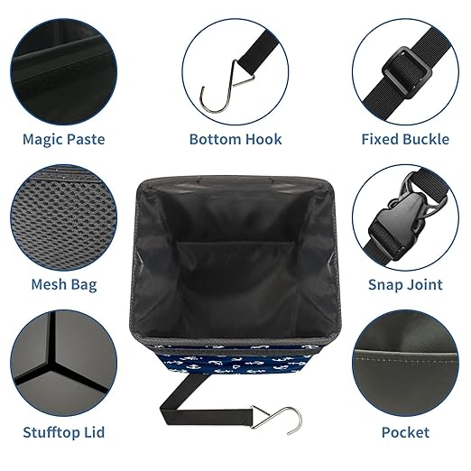 Car Trash Can Nautical Anchor Navy Blue Auto Garbage Bag Car Trash Can with Lid Leak-Proof Car Storage Bag Auto Garbage Bag Hanging for Headrest Collapsible and Portable with Storage Mesh Pocket