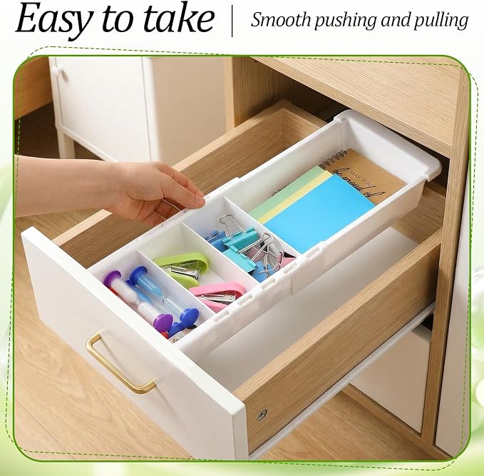 3 Pcs Expandable Drawer Organizer, Adjustable Drawer Organizer Trays Expandable Plastic Dividers Storage for Office Bathroom Bedroom Kitchen Desk (White)