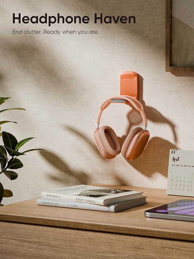 MAMUVIMO Headphone Stand, Headset Stand Foldable ＆ Sticky, Headphone Holder Hook Mount with Non-Slip Silicone, Adhesive Earphone Desk Hanger Clip Space-Saving for Airpods Max, All Earphones- Orange