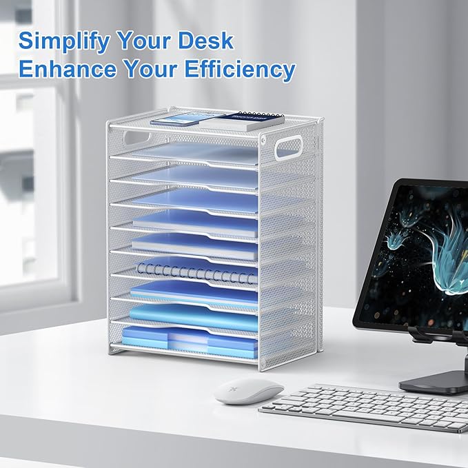 OUTWOLF 10 Tier Paper Organizer - Letter Tray Mesh Desk File Organizer with Handles for Office School Desktop, White