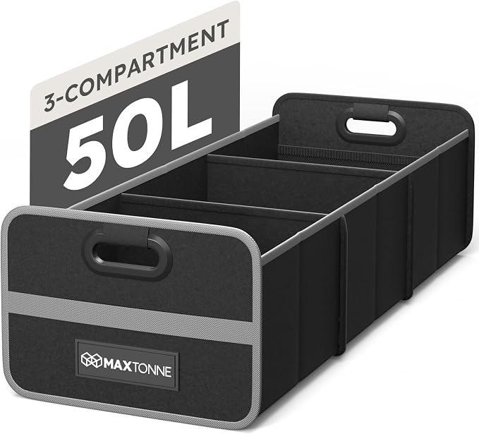 50L Car Trunk Organizer, Heavy-Duty 600D Oxford Collapsible Storage Box with 3-Compartments & Securing Straps, Foldable Organizer for SUV/Sedan/Truck, Car Accessories Storage